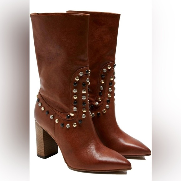 FREE PEOPLE DAKOTA HEEL STUDDED LEATHER WESTERN BOOTS - ROUND TOE - Picture 2 of 12